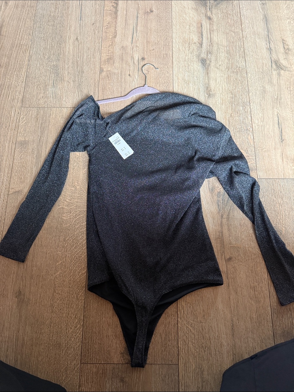 Abercrombie & Fitch Shimmery Black Long-Sleeve One-Shoulder Bodysuit